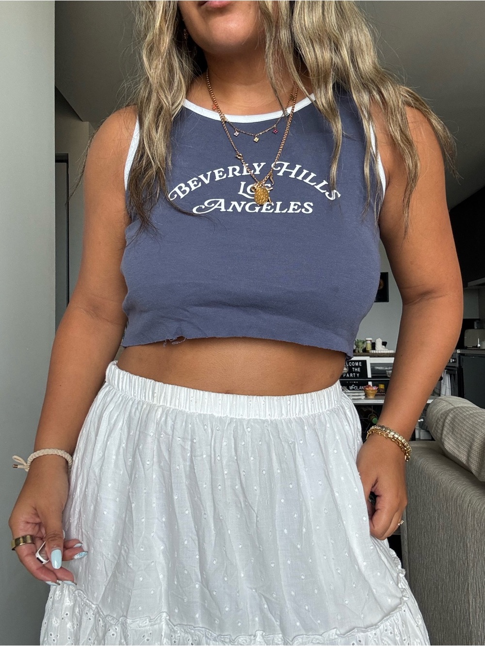 PacSun Navy Crop Tank with White Trim - Beverly Hills Script